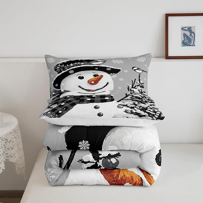 Feelyou Kids Christmas Theme Decorations Bedding Set Xmas Snowman Comforter Set for Boys Girls Snowflake Kawaii Cute Grey Bedroom Collection King Size