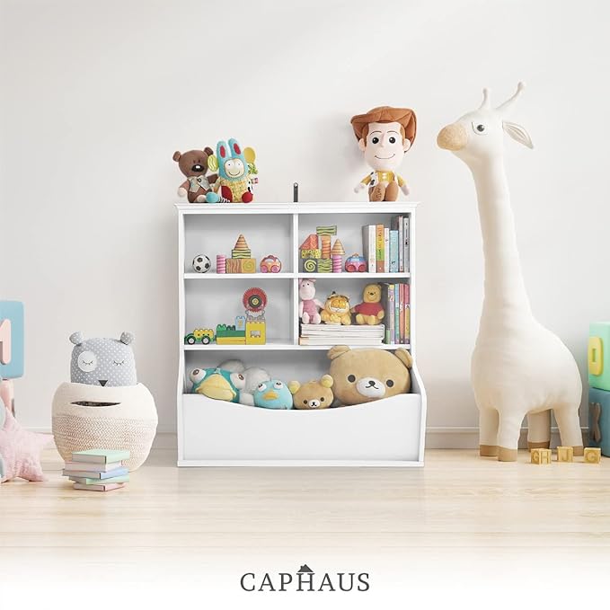 CAPHAUS Kids' Toy Storage Organizer, Open Storage Cubby, Multifunctional Book, Toy Storage Cabinet, Book, Shelf for Nursery, Playroom, Closet, Home Organization Toy Bookcase, E. White-33'' Height