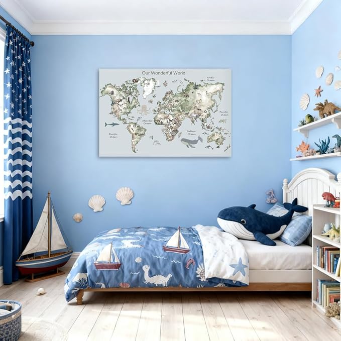 Educational Posters for Toddlers 1-3, Toddler Learning Poster for Kids Ages 3-5, World Map Canvas Print Nursery Preschool Homeschool Kindergarten Classroom Decor 16x24 Inch Unframed B