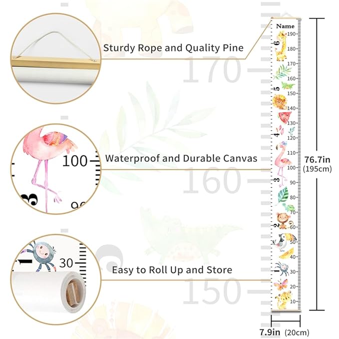 Personalized Growth Chart for Kids, Baby Height Chart with Custom Name, 77"x7.9" Canvas and Black Wood Height Measuring Rulers for Boys Girls Removable Wall Ruler Hanging for Nursery Decor - Animals