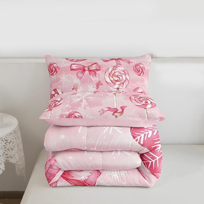 Feelyou Pink Bow Comforter Set Full Size Pink Lollipops Bedding Set for Kids Boys Girls Watercolor-Style Duvet Quilt Xmas Snowflake Bedroom Decor Christmas Microfiber 3 Pcs with 2 Pillow Cases