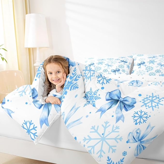 Lovely Bowknot Comforter Set Full Size,Dreamy Bowknot Dots Snowflake Kids Bedding Set,Winter Merry Christmas Girly Quilt Comforter,Blue White Duvet Insert,2 Pillowcases
