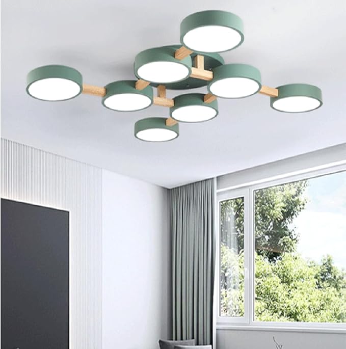 LED Flush Mount Ceiling Light Fixture with 3000K/4000K/6000K Temperatures Selectable,44Inch 96W Chandelier Modern Wood Ceiling Lamp for Bedroom Kitchen, 8-Lights Indoor Lighting Green Pendant Light