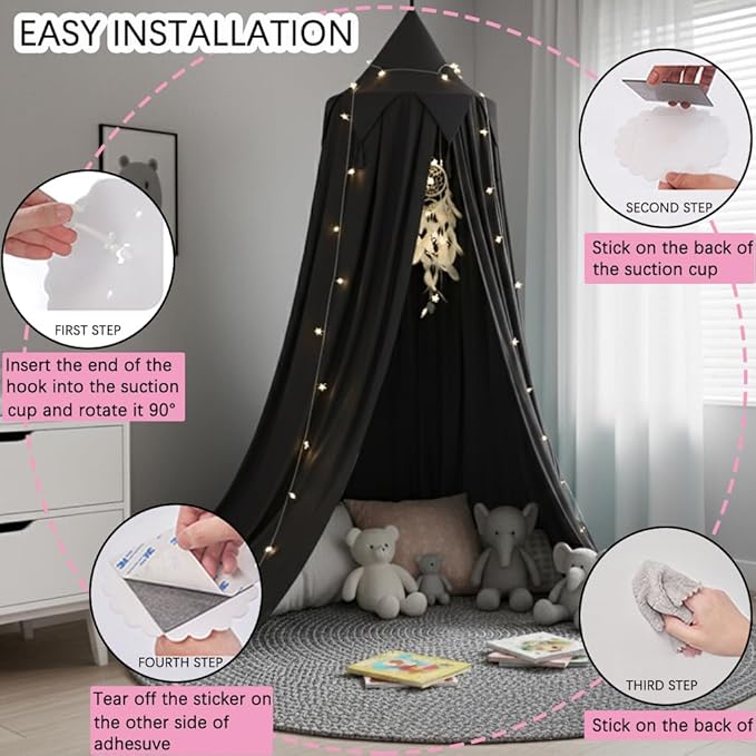 Akiky Bed Canopy for Bed with Lights,Dream Catcher,Hanging Canopy for Indoor Outdoor Castle Canopy for Reading Nook House Decoration (Black)