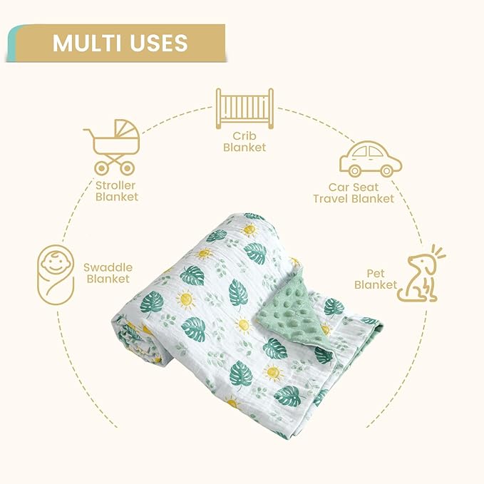 david's kids Muslin Minky Baby Blanket for Boys Girls with Muslin Cotton Front and Dotted Fleece Backing, Breathable and Soft Lightweight Receiving Blanket for Newborns, 30x40 Inches, Leaf