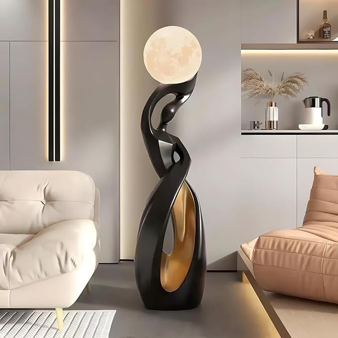 Bofea-Unique Floor Lamp with Moon Lamp,Creative Black Gold Standing Lamps,Art Deco Floor Light with Rechargeable Globe Lights,Modern Resin Accent Dancing Girls Statue for Living Room Bedroom Home