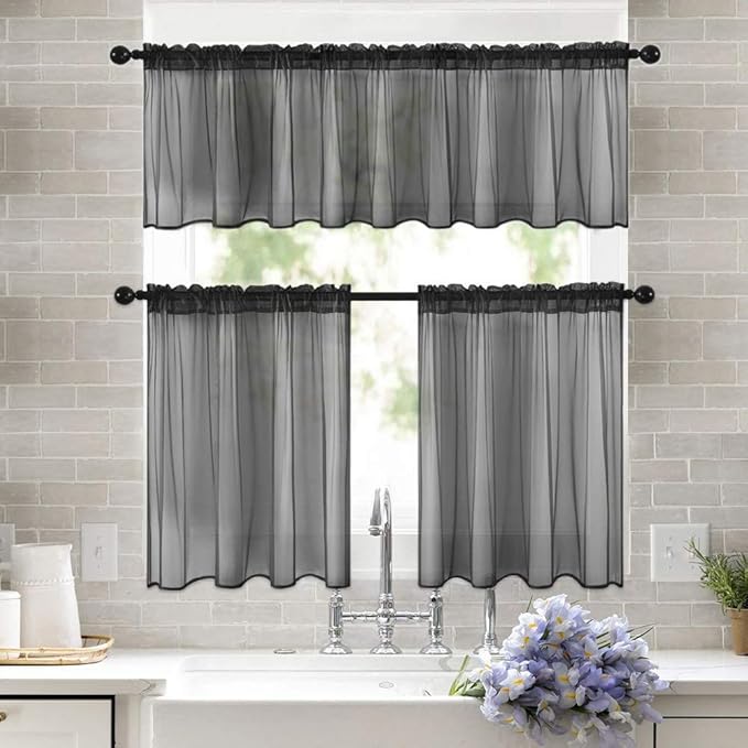 MIULEE Short Sheer Curtains 30 Inch Length for Kitchen Bathroom Cafe Half Halloween Window Treatment, Rod Pocket Tier Curtains 2 Panels, 29x30 Inches Long, Black