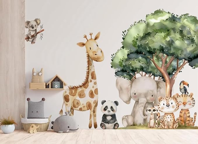 Safari Jungle Wall Stickers – Safari Animals Wall Decals for Nursery – Kids Room Wall Art – Removable Vinyl Stickers for Baby Room Decor – Giraffe Elephant Lion Wall Mural (Set2)