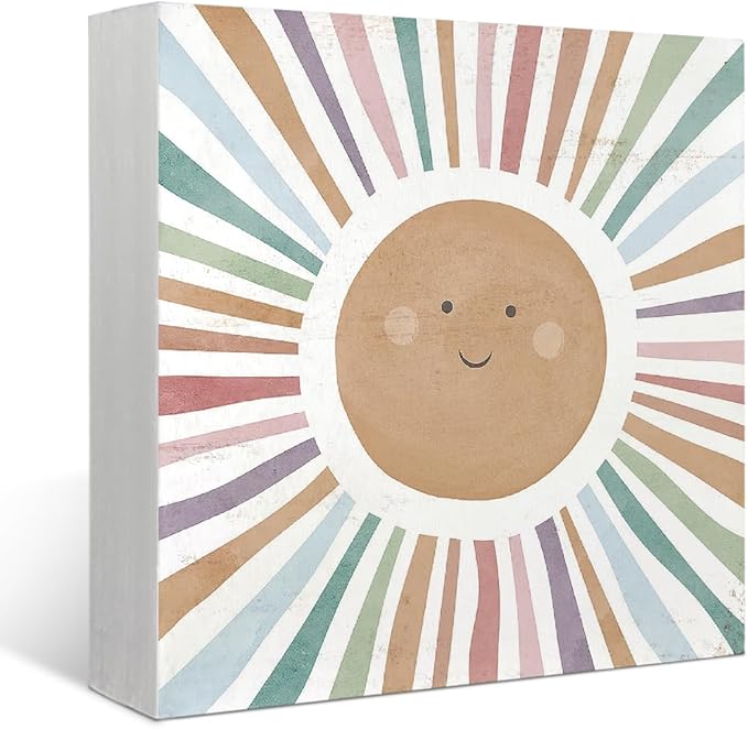 Mtrgdn Boho Rainbow Classroom Decor,Inspirational Kids Nursery Desk Decor,Sun Sunshine Wood Box Sign for Classroom Nursery Kids Bathroom Playroom Wall Shelf Decorations,5x5 Inch