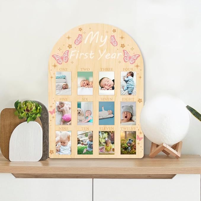 ORIGACH My First Year Baby Growth Photo Display Wood Board - 12 Months Newborn Milestones Picture Frame - Neutral Baby Keepsake Board 1st Birthday Party Nursery Decor New Mom Gift - Pink Butterfly