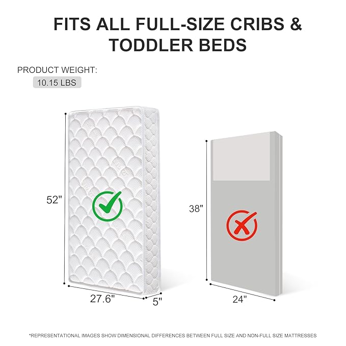 Dual-Sided Crib Mattress & Toddler Mattress – 52" x 27.6" x 5",100% Knitted Fabric, Moisture Absorbent & Breathable, Fits Standard Full-Size Cribs & Toddler Beds