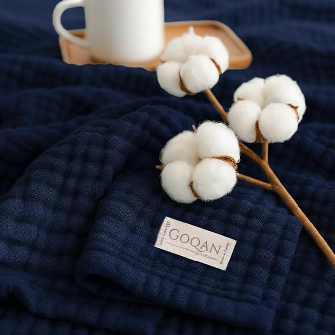 Goqan Muslin Blanket King Size 90x108 – 100% Cotton 4 Layer Boho Muslin Blanket for Adults, Lightweight, Soft, Breathable for Bed, Couch - Navy