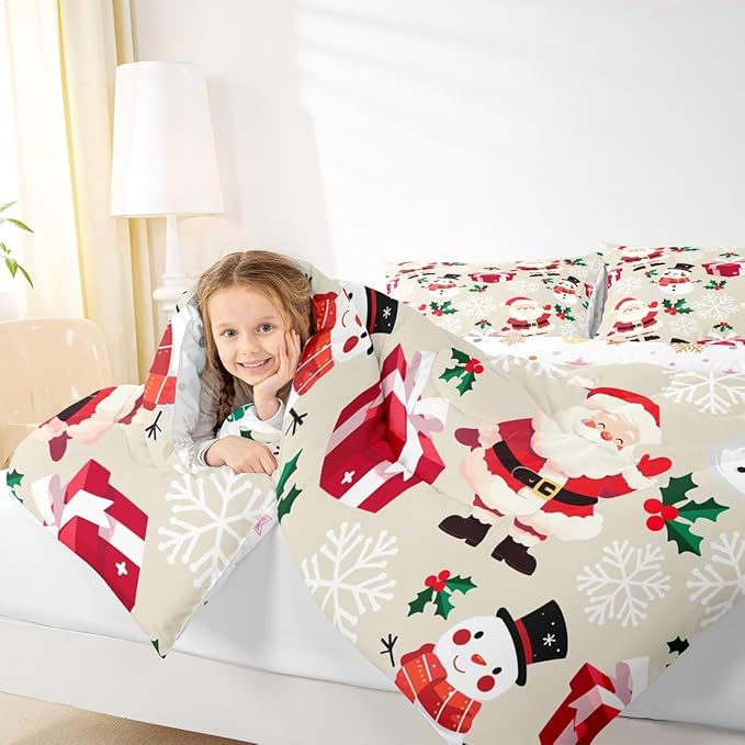 jejeloiu Merry Christmas Comforter Set Twin Size Xmas Santa Claus Bedding Set for Kids Boys Girls Cute Snowman Duvet Quilt Beige Bedroom Decor