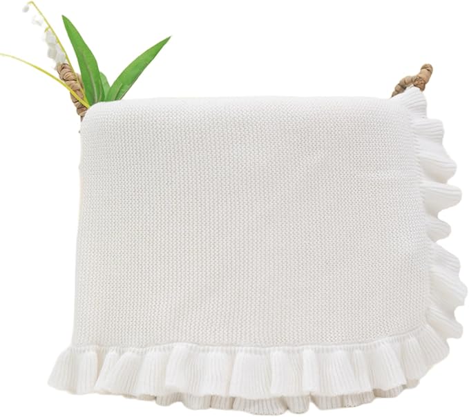 Cotton Baby Blanket with Ruffle Edge Soft Breathable Newborn Blanket for Boys & Girls, Lightweight Knit Throw for Crib, Stroller & Nursery Multiple Colors Available White 30x30