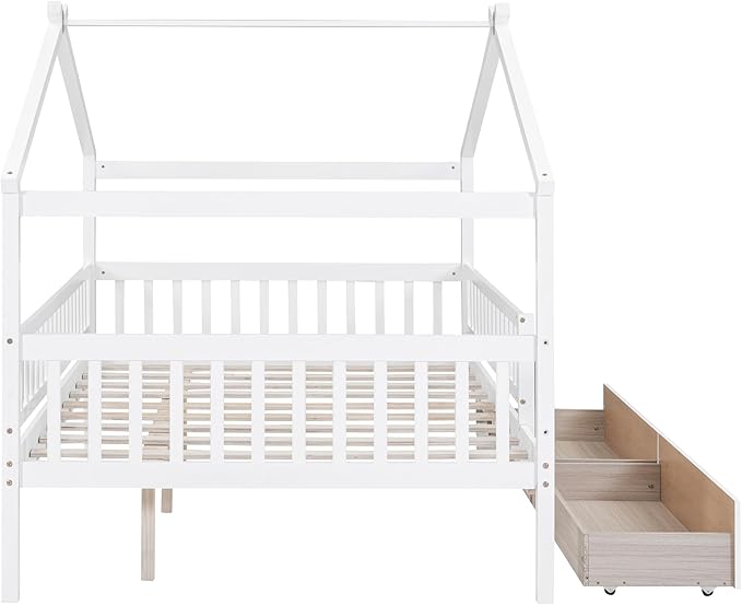 Full House Bed with 2 Storage Drawers, Kids Full Bed Frame with Rails and Roof, Tent Bed, Wooden Full Daybed, Full Montessori Bed for Kids Teens Girls & Boys, No Box Spring Needed (White)