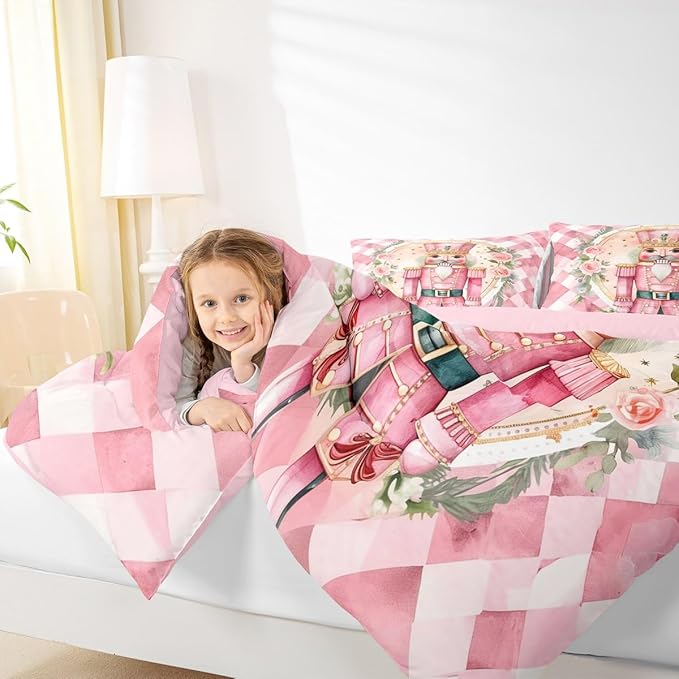 Feelyou Christmas Comforter Set All Season Pink Nutcrackers Bedding Set with 2 Pillow Cases Rose Kids Full Bedclothes Floral Bedroom Decor Funny Nutcracker Duvet Quilt Breathable Soft Lightweight