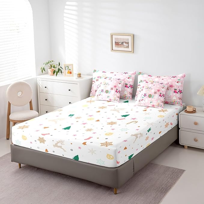 Christmas Kids Bedding Set Cartoon Snowman Gingerbread Man Comforter Set with Sheets for Boys Girls Christmas Tree Decor Bed in a Bag Pink Xmas Theme Bed Set 7Pcs King Size