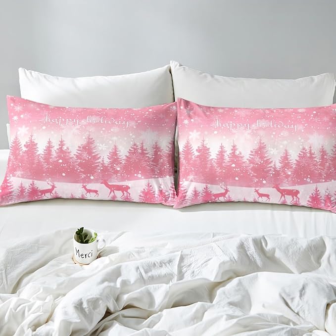Manfei Pink Glitter Duvet Cover Set Full Size, Xmas Trees Deers Snowflakes Print Bedding Set 3pcs for Kids Girls Teens Bedroom Decor, Christmas Theme Comforter Cover with 2 Pillowcases,No Comforter