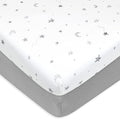 American Baby Company 2 Pack 100% Natural Cotton Fitted Mini Crib Sheets 38" x 24" - Soft & Breathable Small Nesting Portable Sheets, Fits Pack N Play Mattresses, Gray Stars and Gray, for Boys & Girls