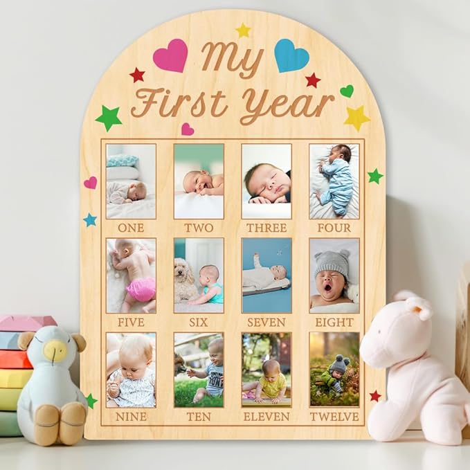 ORIGACH My First Year Baby Growth Photo Display Wood Board - 12 Months Newborn Milestones Photo Board - Neutral Baby Keepsake Frame 1st Birthday Party Nursery Decor New Mom Gift -Colorful Heart Star