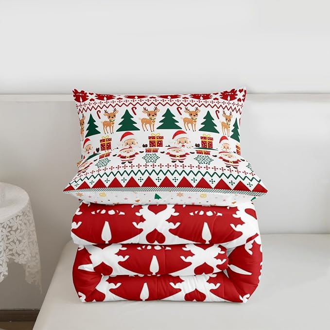 Feelyou Merry Christmas Comforter Set Queen Size Santa Claus Bedding Set for Kids Boys Girls Cute Deer Duvet Quilt Snowflake Bedroom Decor Microfiber 3 Pcs with 2 Pillow Cases