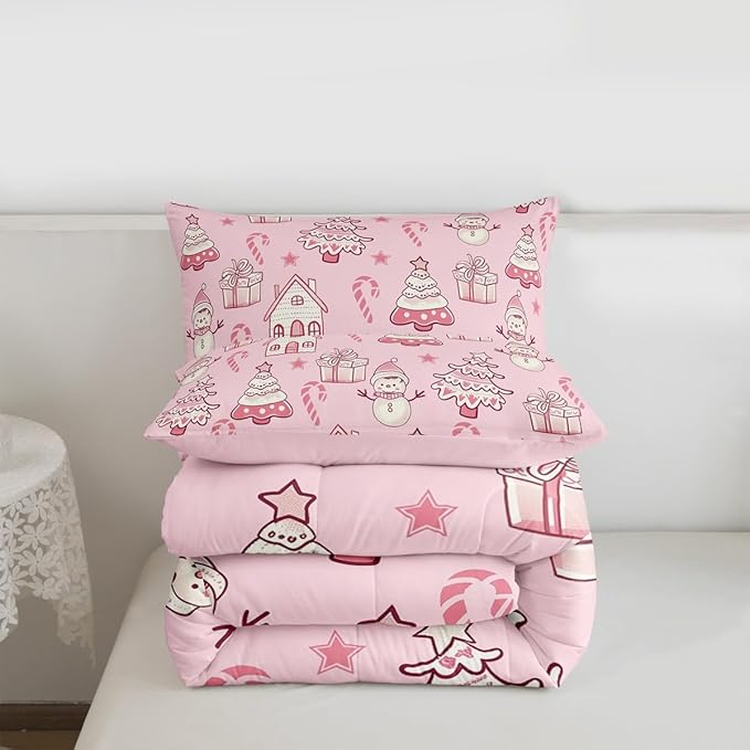Feelyou Pink Christmas Comforter Set King Size Xmas Tree Snowman Bedding Set for Kids Boys Girls Star Gift Duvet Quilt Candy Cane Bedroom Decor Microfiber 3 Pcs with 2 Pillow Cases