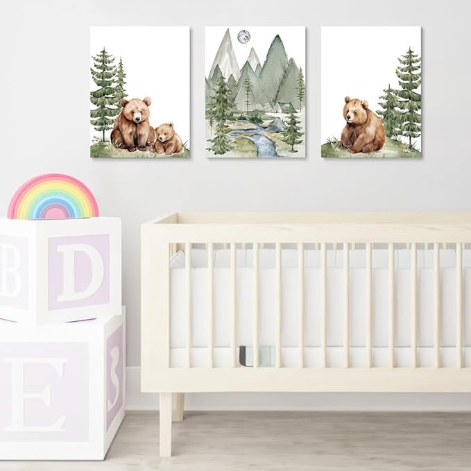 Baby Bear Nursery Wall Art, Cute Bears Wall Decor, Watercolor Green Mountain Forest Wall Art, Woodland Camping Nursery Decor Print, Nature Art for Boy Girl Toddler Bedroom, Framed Canvas, 12"x16"x3
