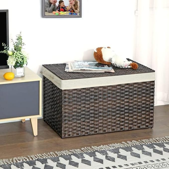 SONGMICS Storage Basket with Lid, 42.3 Gallon (160L) Storage Bin, Woven Blanket Storage Basket with Handles, Foldable, Removable Liner, Metal Frame, for Bedroom, Laundry Room, Brown URST76BR
