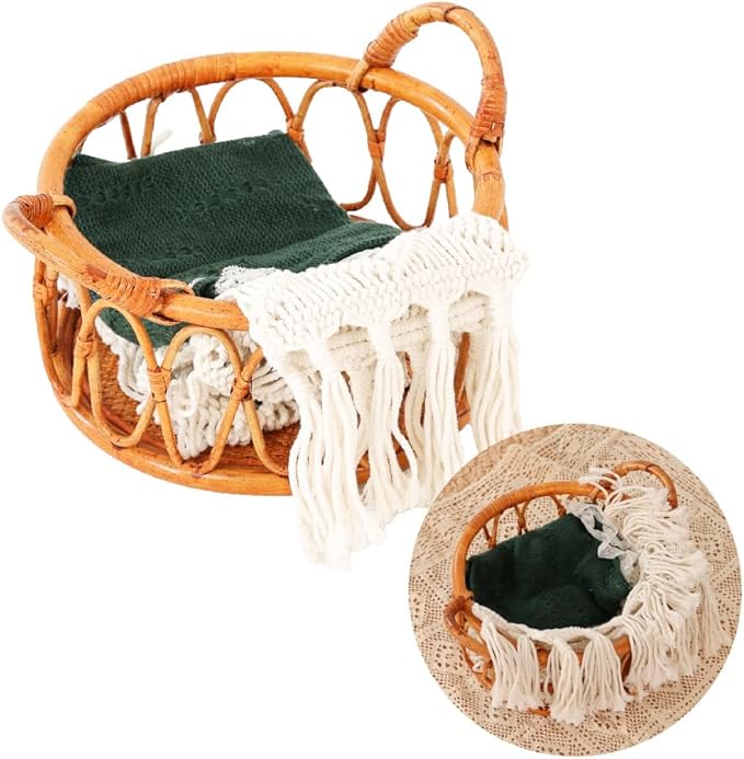 Kate Newborn Photography Props Rattan Circular Basket Handcrafted Bed Mini Bed with Boho Woven Blanket and Stretch Wrap for Baby Photography Posing Props Photoshoot