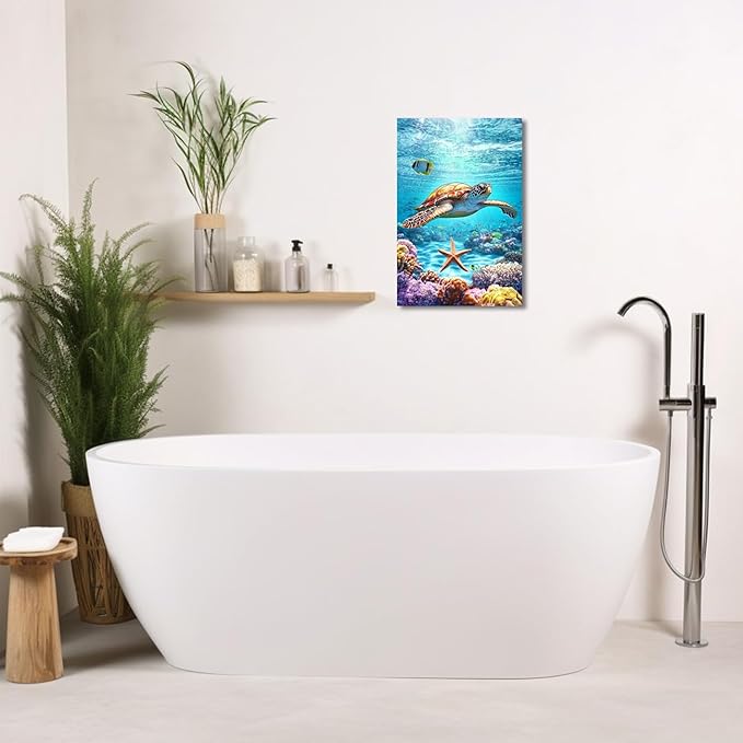 AWPANERAR Sea Turtle Wall Art Bathroom Pictures Watercolor Sea Life Canvas Prints Ocean Animal Poster Nautical Theme Artwork for Kids Room Nursery Decor Framed (Green, (24L x 16W))
