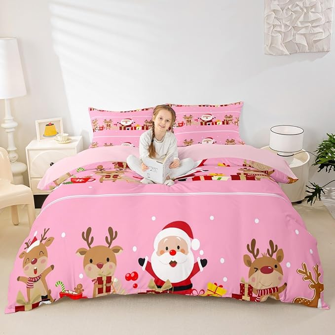 Christmas Bedding Duvet Cover Set Kids Cartoon Santa Claus Bedding Set Boys Girls Deer New Year Decor Comforter Cover Set Microfiber Gift Boxes Xmas Theme Bedspread Cover Bedroom Bedclothes Full Size