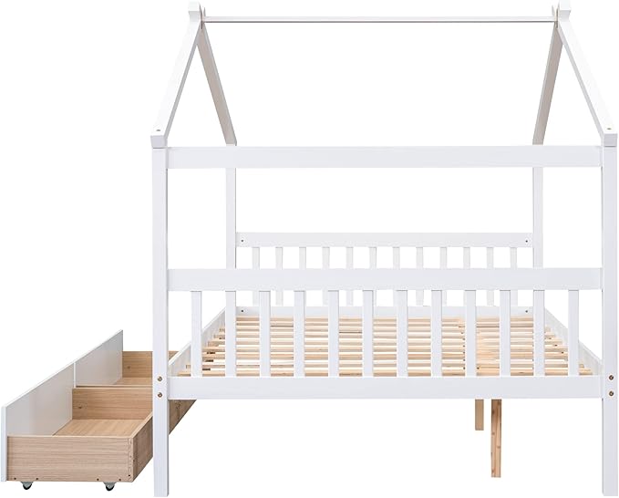 Harper & Bright Designs Full Size House Bed for Kids With Two Drawers, Wooden Frame With Storage, Roof Design for Girls Boys, White