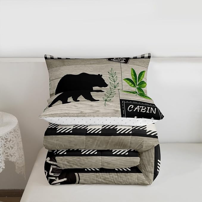 Bear Silhouette Kids Comforter Set King Size,Leaves Wooden Plank Bedding,Girls Boys Adults Bedroom/Xmas Cabin Decor,Geometric Grids Retro Down Comforter,Rustic Farmhouse Duvet Insert,2 Pillowcases