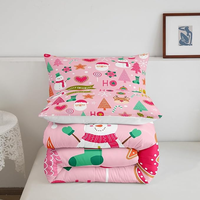 Manfei Merry Christmas Kids Comforter Set Twin Size,Cute Santa Claus Snowman Deer Bedding Set,Boys Girls Adults Room Decor,Snowflake Christmas Trees Down Comforter,Pink Xmas Duvet Insert,1 Pillowcase