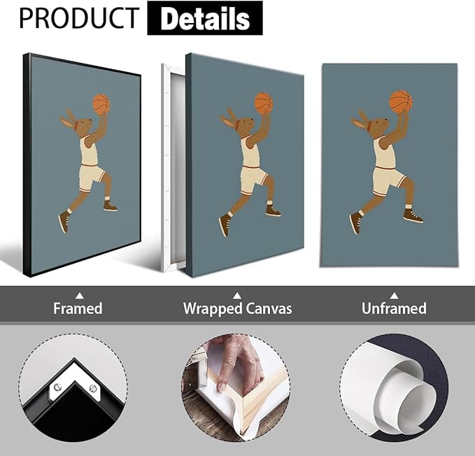 Basketball Canvas Wall Art, Nursery Animal Sports Posters, Bunny Rabbit Athletes Pictures, Positive Quote Print, Kids Bedroom Basketball Court & Hoop Decor 16x24in Unframed