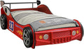 HMFULE Twin Bed Frames for Kids, Wood Race Car-Shaped Bed Frame Platform with Wheels LED Lights & Slat Support for Toddler, Teens, Boys or Girls, No Box Spring Needed (Red)