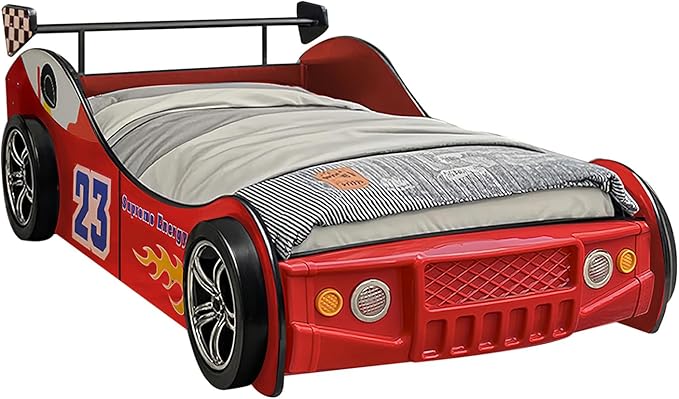 HMFULE Twin Bed Frames for Kids, Wood Race Car-Shaped Bed Frame Platform with Wheels LED Lights & Slat Support for Toddler, Teens, Boys or Girls, No Box Spring Needed (Red)