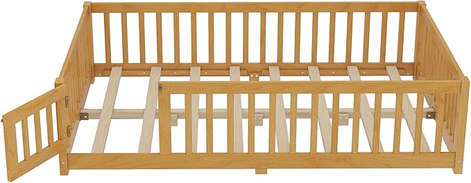 Bellemave Full Size Floor Bed with Rails for Kids, Girls, Boys, Pine,Plywood Floor Bed with slats and Door, Natural