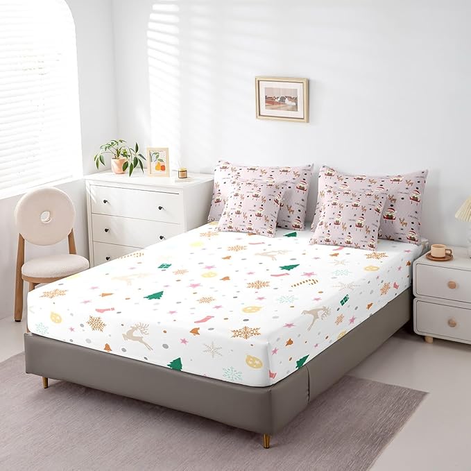 Santa Claus Bed Set Christmas Deer Bed in a Bag for Kids Boys Girls Winter Snowflake Comforter Set with Sheets Merry Christmas Khaki Bedding Set Bedroom Collection King Size