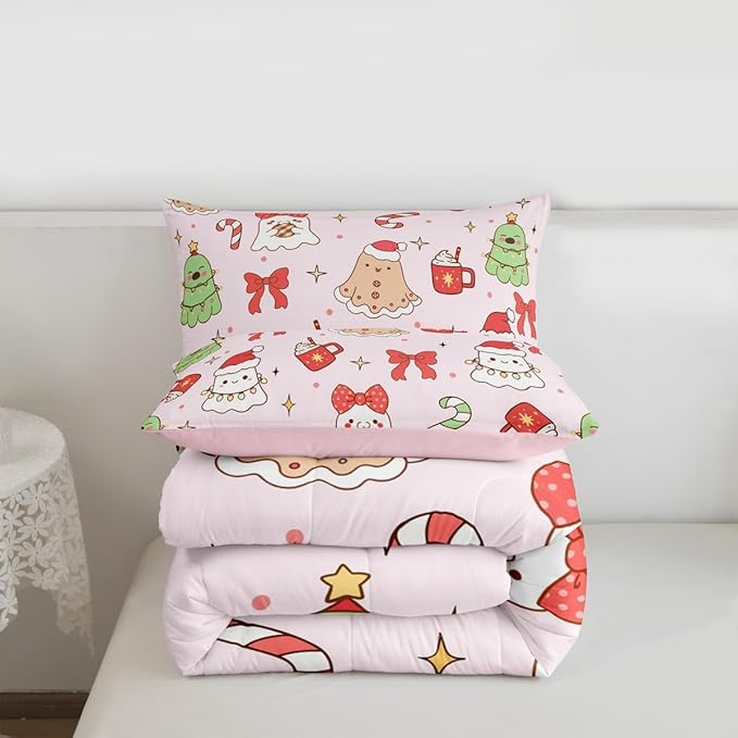 Feelyou Christmas Bedding Set Soft for Boys Girls, Cute Bow Comforter Set Full Size Cute Ghost Duvet Quilt Microfiber Coquette Bow Knot Bedroom Decor Candy Print 3 Pcs with 2 Pillow Cases