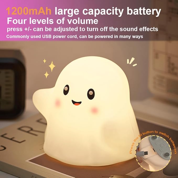 Ghost Night Light for Kids,Halloween Night Light with 13 Interactive Sound Effects ,Cute Silicone Light with 3 Levels of Brightness,Suitable for Indoor Halloween Decorations and Family (white ghost 1)