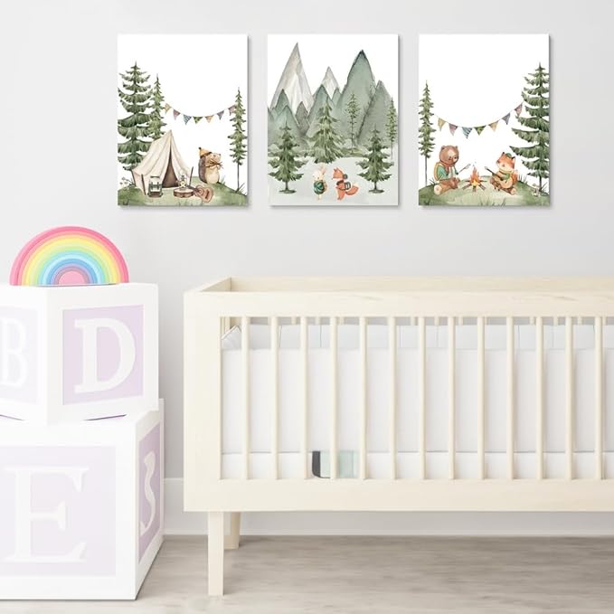 Camping Nursery Wall Art, Woodland Hiking Nursery Wall Decor, Bear Fox Animals Forest Mountain Wall Art, Nature Kid Print for Baby Boy Girl Bedroom, Children's Room Decor, Framed Canvas, 16"x24"x3