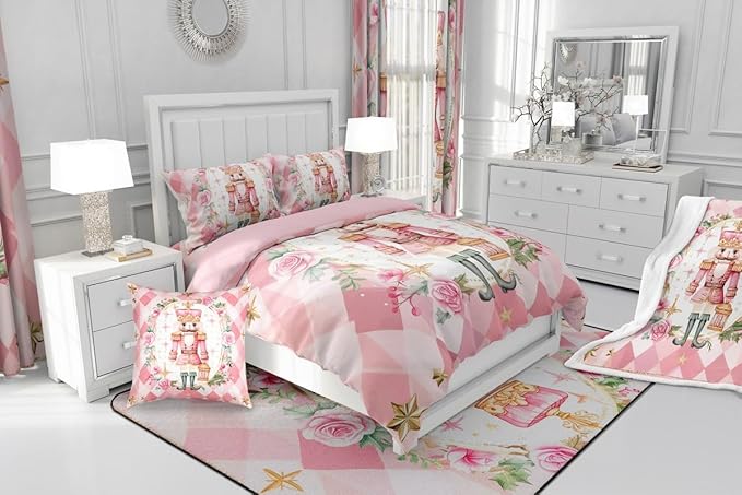Feelyou Christmas Comforter Set Toddler Size Pink Nutcrackers Bedding Set for Kids Boys Girls Floral Duvet Quilt Funny Nutcracker Bedroom Decor Rose Microfiber 2 Pcs with 1 Pillow Cases
