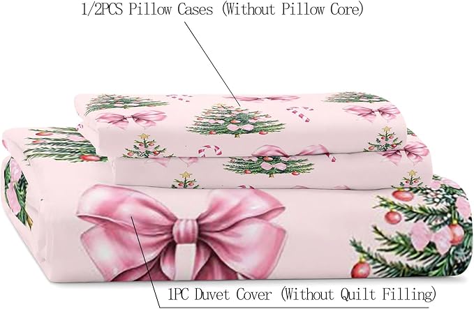 LUVIVIHOME 3PCS Pink Bow Christmas Tree Duvet Cover King Bedding Set, Teen Girls Bedding, Xmas Tree Candy Cane Winter Holiday Christmas Comforter Cover, Coquette Room Decor Aesthetic, 2 Pillow Shams