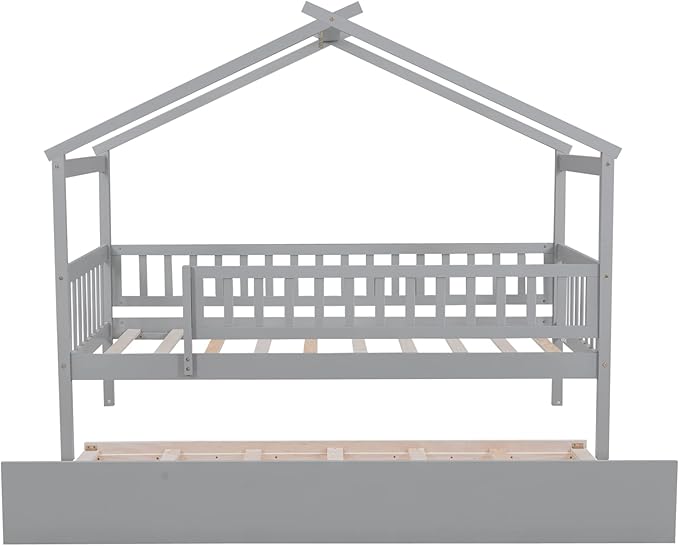 Twin House Bed with Trundle, Kids Twin Platform Bed Frame with Rails and Roof, Tent Bed, Wood Playhouse Bed Twin Montessori Bed for Kids Teens Girls & Boys, No Box Spring Needed (Gray)