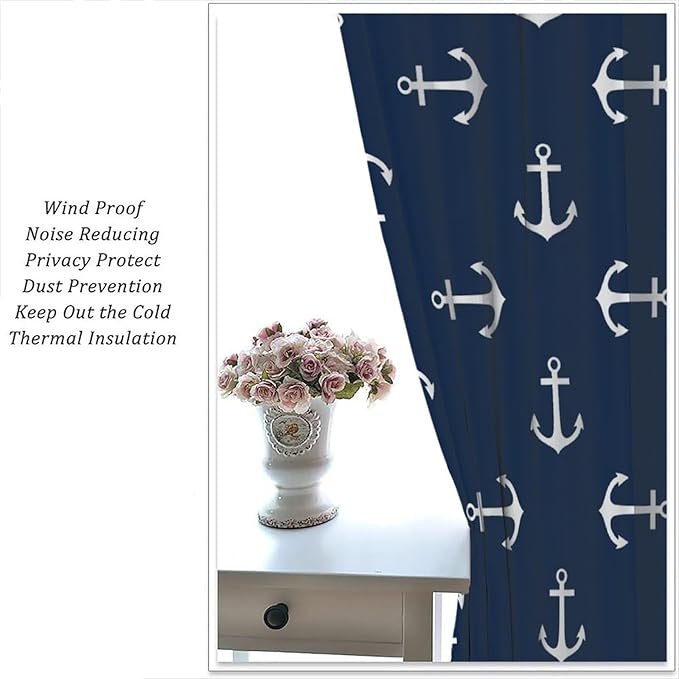 Nautical Curtains,MarineThemed Oceanic Anchor Pattern Blackout Print Home Bedroom Living Room Window Treatments 2 Panel Set 72x63 Inch