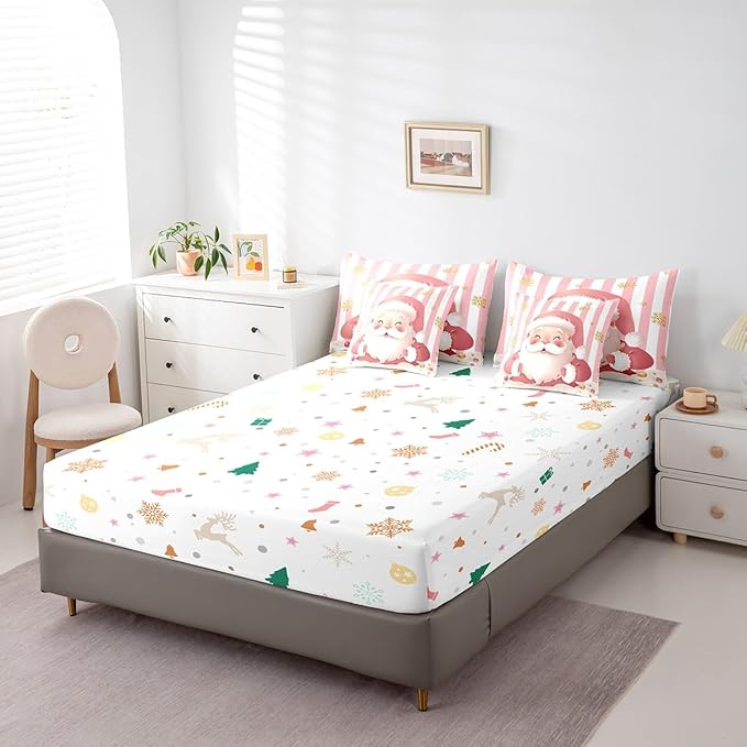 Feelyou Merry Christmas Decorations King Size Bed Set Santa Claus Bed in a Bag Pink Bedding Set Soft Warm Lightweight Comforter Set with Sheets