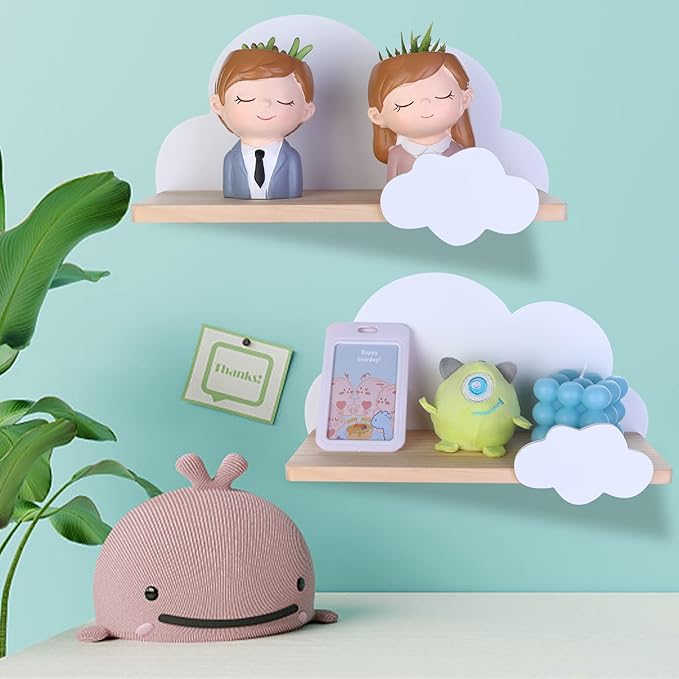 2Pcs Cloud Shelves for Children's Nursery Or Bedroom, Kids Nursery Room Shelves, Floating Bedroom Baby Book Shelf Storage Shelf, Cloud Floating Wooden Shelf Wall Decoration, White