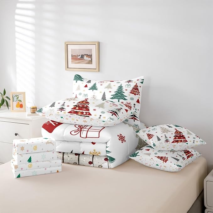 Erosebridal Christmas Bed in A Bag 7 Pcs Colorful Christmas Tree Comforter Set for Women Men Xmas Tree Snowflake Bedding Sets King Winter Xmas Ornaments Gift Sheet Set with Comforter