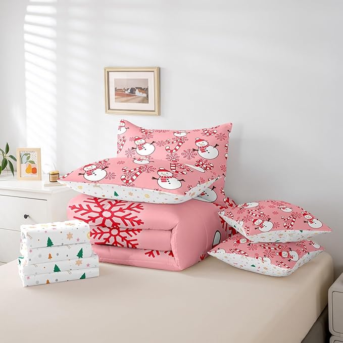 Christmas Kids Bedding Set Cartoon Snowman Comforter Set with Sheets for Boys Girls Snowflake New Year Decor Bed in a Bag Pink Xmas Theme Bed Set 7Pcs King Size